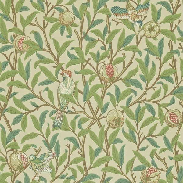Morris and Co Tapet Bird & Pomegranate Bayleaf Cream