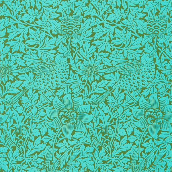 Morris and Co Tapet Bird & Anemone Olive Turquoise