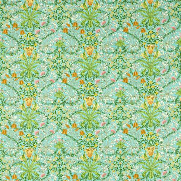 Morris and Co Tyg Woodland Weeds Orange Turquoise